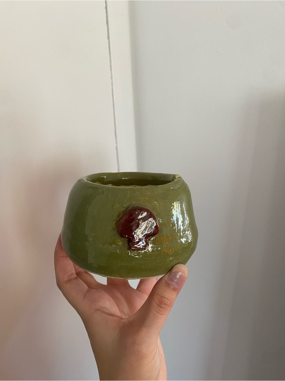Handmade Olive Green Ashtray With Brown Mushrooms